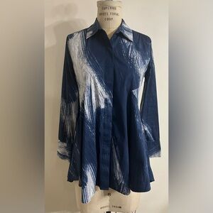 Donna Karen Painted Brush Print Hi-Low A-Line Button Front Tunic